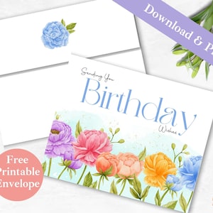 Geburtstagswünsche Druckbare Grußkarte und Umschlag | SOFORTIGER DOWNLOAD PDF | Regenbogen Blumen Happy Bday Digitale Karten Vorlage für Freund |
