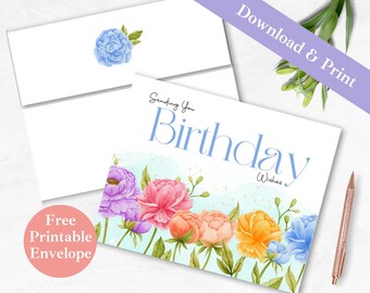Birthday Wishes Printable Greeting Card and Envelope | INSTANT DOWNLOAD PDF | Rainbow Floral Happy Bday Digital Card Template for Friend |