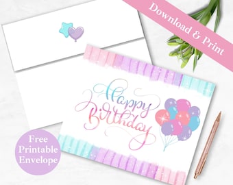 Happy Birthday Printable Greeting Card and Envelope for a Girl | INSTANT DOWNLOAD PDF | Pink Party Balloons Digital Card Template for Her |
