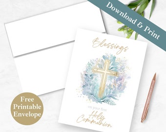 Greeting Card Printable First Communion for Boy INSTANT DOWNLOAD PDF Religious Digital Card and Envelope Template First Holy Communion Card