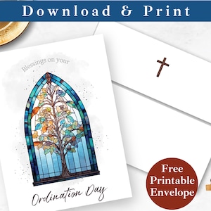 Carte de voeux d'ordination imprimable avec enveloppe TÉLÉCHARGEMENT IMMÉDIAT PDF modèle de carte numérique en vitrail religieux, carte de prêtre catholique