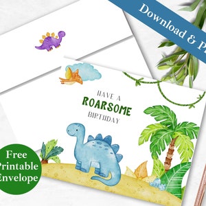 Dinosaurier Alles Gute zum Geburtstag druckbare Grußkarte und Umschlag | SOFORTIGER DOWNLOAD PDF | Junge Stegosaurus Pteradactyl Kid Digitale Kartenvorlage