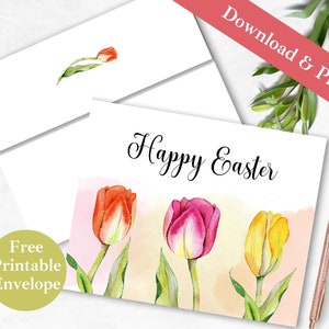 Ostern Tulpe Druckbare Grußkarte und Umschlag | SOFORTIGER DOWNLOAD PDF | Floral Frühling Christliche Blumen Aquarell Digitale Kartenvorlage |