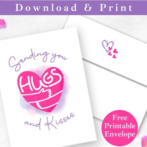 Sending Hugs Printable Greeting Card with Envelope INSTANT DOWNLOAD Get Well Soon Card Thinking of You Digital Card Template Long Distance
