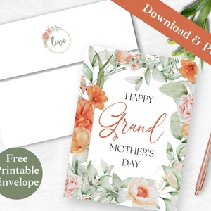 Tarjeta del Día de las Madres para la abuela Tarjeta de felicitación imprimible y sobre para la abuela DESCARGA INSTANTE PDF Plantilla de tarjeta digital floral para Nana