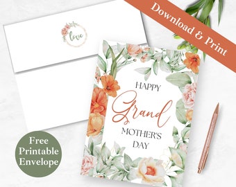 Mothers Day Card for Grandmother Printable Greeting Card and Envelope for Grandma INSTANT DOWNLOAD PDF Floral Digital Card Template for Nana