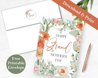 Mothers Day Card for Grandmother Printable Greeting Card and Envelope for Grandma INSTANT DOWNLOAD PDF Floral Digital Card Template for Nana