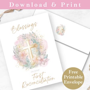 Può includere: Un set di biglietti e buste bianche con un disegno a croce dorata circondato da fiori e foglie ad acquerello. La carta recita "Blessings on your First Reconciliation" in oro. Un cerchio dorato dice "Free Printable Envelope".