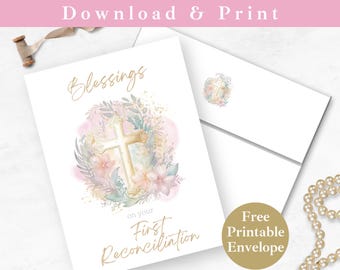 Greeting Card Printable First Reconciliation for Girl INSTANT DOWNLOAD PDF Religious Digital Card and Envelope Template Floral Cross