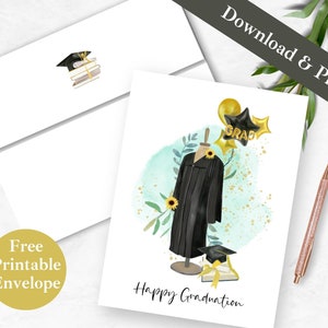 Glückliche Graduierung druckbare Grußkarte und Umschlag | SOFORTIGER DOWNLOAD PDF | Cap Gown Herzlichen Glückwunsch Celebrate Digital Card Template |