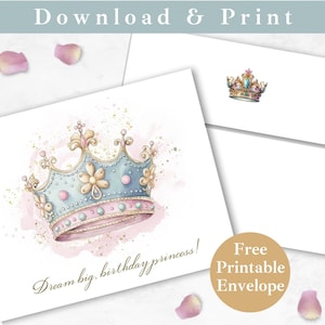 Carte de vœux d’anniversaire de princesse imprimable avec enveloppe TÉLÉCHARGEMENT INSTANTANÉ Modèle de carte numérique magique joyeux anniversaire Couronne de princesse pour elle