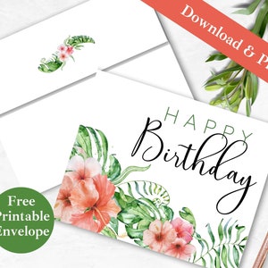 Tropischer Geburtstag druckbare Grußkarte und Umschlag | SOFORTIGER DOWNLOAD PDF | Hawaiischer Hibiskus, Happy Bday Digitale Kartenvorlage Freund |