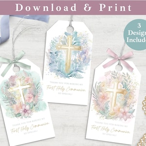 Eerste communie afdrukbare Download Tags, communie dank u Gift Tags sjabloon INSTANT DOWNLOAD digitale gunst Tag communie traktatie tas Label