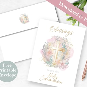 Wenskaart afdrukbare eerste communie voor meisje INSTANT DOWNLOAD PDF religieuze digitale kaart en envelop sjabloon eerste heilige communiekaart