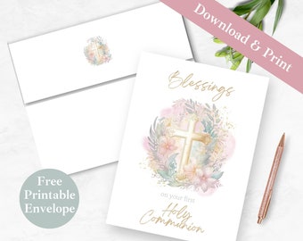 Greeting Card Printable First Communion for Girl INSTANT DOWNLOAD PDF Religious Digital Card and Envelope Template First Holy Communion Card