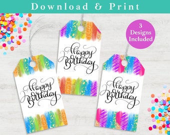 May include: Three printable gift tags with a colorful abstract background and the text "Happy Birthday" in black calligraphy.