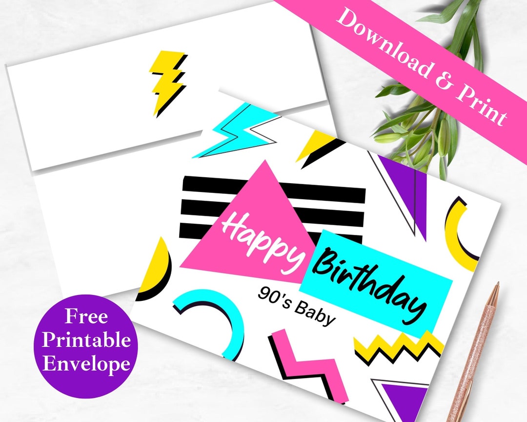90s Theme Happy Birthday Printable Greeting Card and Envelope INSTANT ...
