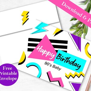 90s Theme Happy Birthday druckbare Grußkarte und Umschlag | SOFORTIGER DOWNLOAD PDF | Millenials 90er Jahre Baby Digitale Kartenvorlage für Sie |