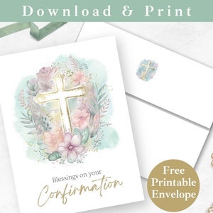 Printable Confirmation Greeting Card with Envelope for Him INSTANT DOWNLOAD PDF Religious Digital Card Template, Catholic Cross Card for Her