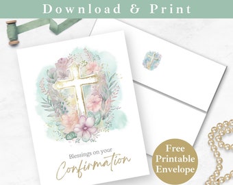 Printable Confirmation Greeting Card with Envelope for Him INSTANT DOWNLOAD PDF Religious Digital Card Template, Catholic Cross Card for Her
