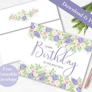 Cartão de aniversário para mãe para impressão e envelope DOWNLOAD INSTANTÂNEO PDF Melhor mãe de todos os tempos Modelo de cartão digital floral feliz aniversário para ela