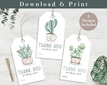 Plant Gift Tag for Teacher Printable, Teacher Appreciation Favor Tag INSTANT DOWNLOAD PDF Thank You Digital Tag Template Teacher Gift Labels