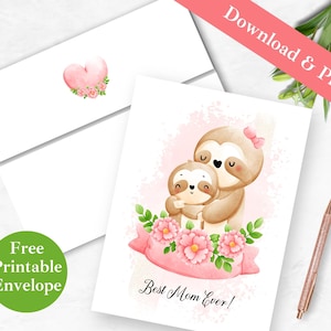 Cartão de dia das mães do filho, cartão de felicitações para impressão e envelope para a mãe | BAIXAR PDF INSTANTÂNEO | Modelo de cartão digital Mama Sloth para mamãe