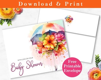 Tarjeta de felicitación de baby shower imprimible con sobre DESCARGA INSTANTE Rainbow Umbrella Baby Shower, nueva plantilla de tarjeta digital para bebé nueva tarjeta de mamá