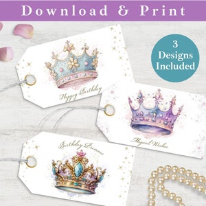 Printable Gift Tag Princess Birthday,  Happy Birthday Favor Tag INSTANT DOWNLOAD Princess Crown Digital Tag Template, Birthday Gift Labels