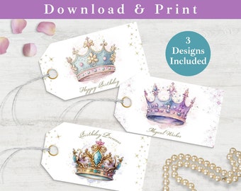Printable Gift Tag Princess Birthday,  Happy Birthday Favor Tag INSTANT DOWNLOAD Princess Crown Digital Tag Template, Birthday Gift Labels