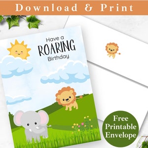 Druckbare Safari Geburtstagskarte mit Umschlag für Jungen SOFORTIGER DOWNLOAD Löwe Elefant Grußkarte für Kind, Happy Bday Digitale Kartenvorlage