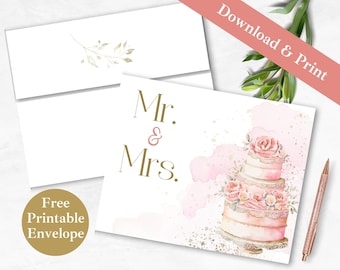 Mr. and Mrs. Wedding Printable Greeting Card and Envelope | INSTANT DOWNLOAD PDF | Newly Married Couple Digital Card Template, Bridal Shower