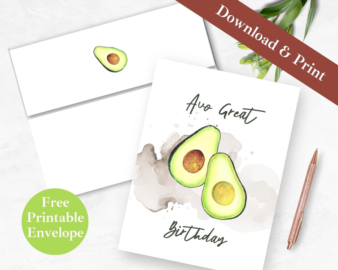 Avocado Birthday Printable Greeting Card and Envelope INSTANT DOWNLOAD ...
