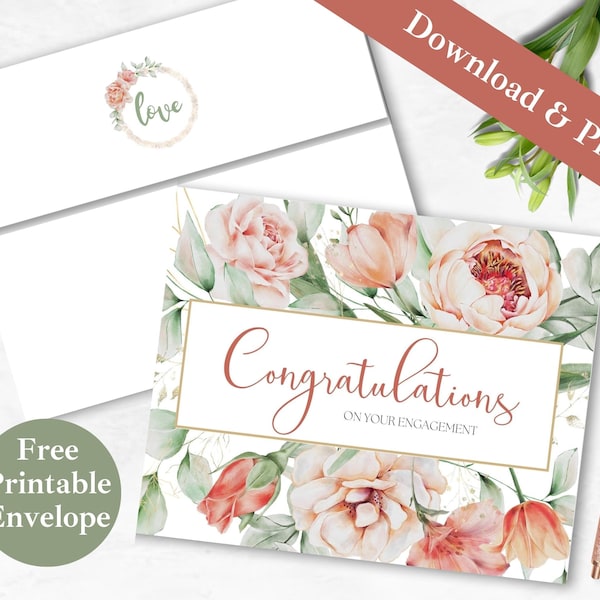 Congratulations On Your Engagement Printable Greeting Card and Envelope | INSTANT DOWNLOAD PDF | Engaged Congrats Digital Card Template |