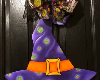 Witch's Hat Hand Painted Wooden Door Hanger - Purple with Green Glitter Dots Halloween Wreath Witch Hat Wreath