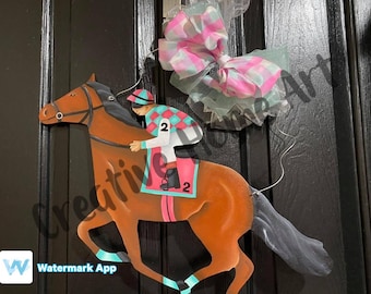 Kentucky Derby Jockey on Horse, with Turquoise and Pink Green silks, Hand Painted Wooden Door Hanger Derby Wreath Kentucky Derby Wreath