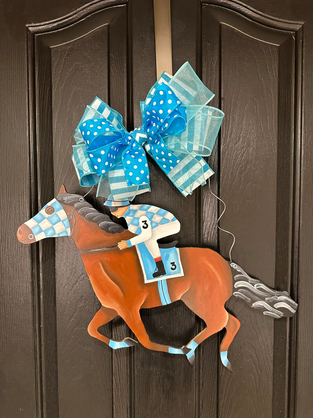 Kentucky Derby Jockey on Horse Door Hanger Turquoise and White Silks