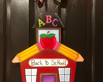 Schoolhouse Hand Painted Wooden Door Hanger - Back to School, or Teacher's Name School Wreath Teacher Wreath Back to School Teacher Welcome