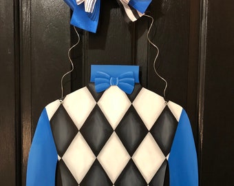 Jockey Silk Hand Painted Wooden Door Hanger  - Blue Sleeves, Black and White Argyle Kentucky Derby Silk Derby Wreath Kentucky Derby Wreath