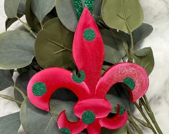 Christmas Fleur de Lis Hand Painted Wooden Ornament - Red with Green Glitter Dots Christmas  Ornament Hostess Gift, Wine Bottle Tag