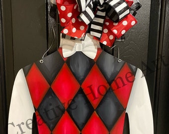 Kentucky Derby Jockey Silk Hand Painted Wooden Door Hanger - Red and Black Argyle Jockey Silk Door Hanger Derby Wreath Jockey Wreath
