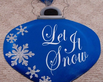 Christmas Ornament Hand Painted Wooden Door Hanger with Glitter Snowflakes, and Let It Snow Christmas Door Hanger Christmas Wreath