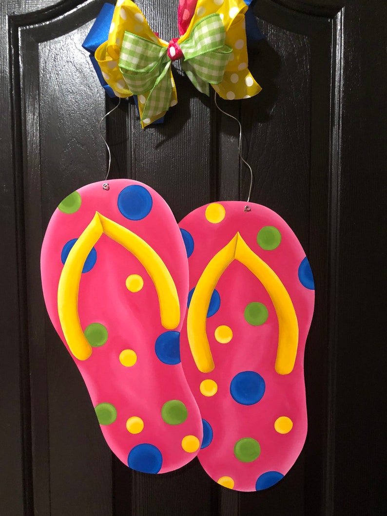 Flip Flops Hand Painted Wooden Door Hanger - Pink With Multi-color ...