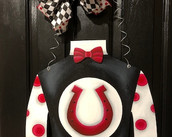 Jockey Silk Hand Painted Wooden Door Hanger - Black with Red Horseshoe Kentucky Derby Silk Wreath Horseshoe Wreath Derby Wreath