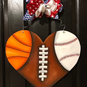 Sports fan heart! Baseball! Football! Basketball! Hand Painted Wooden Door Hanger Go Team Door Hanger Sports Team Wreath Football Wreath
