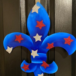 Patriotic Door Hanger Fleur de Lis Door Hanger Hand Painted Wooden Door Hanger 4th of July Door Hanger Summer Door Hanger Wreath 4th of July