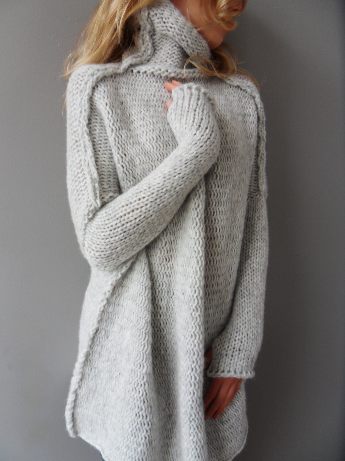 Light Grey Oversized Chunky Knit Alpaca Wool Woman Sweater
