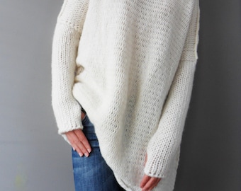 Oversized Slouchy Loose woman  knit sweater. Chunky knit Alpaca   women sweater. Thumb holes, turtleneck sweater/jumper.