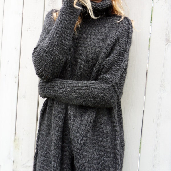 Charcoal Knit sweater women , Baby Alpaca black oversized sweater dress , Thumb holes knit sweater.