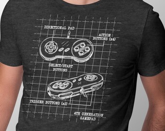 Super Nintendo T-Shirt | Original Super Nintendo Blueprint Video Game Shirt | Creative Interpretation Nintendo T-Shirt | Epic Game Wear
